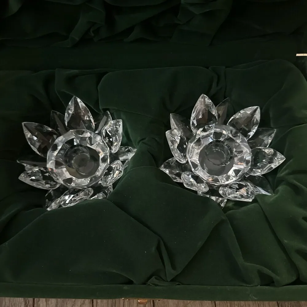 Smith‎ Hawken Crystal Lotus Flower Candle Holders Set In Velvet Box Luxury